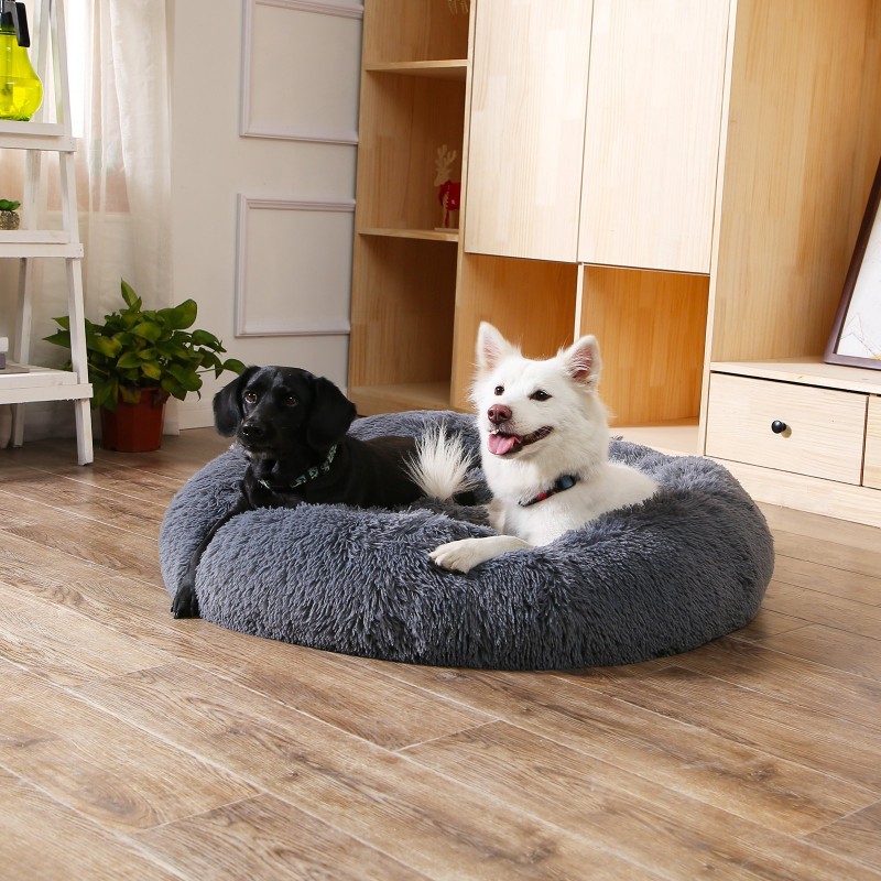 Zippered Fluffy Donut Dog Bed Warm Soft Long Plush Pet Cushion Dog House Cat Bed Washable Pet Sofa Mat Calming Small Large Dog Beds