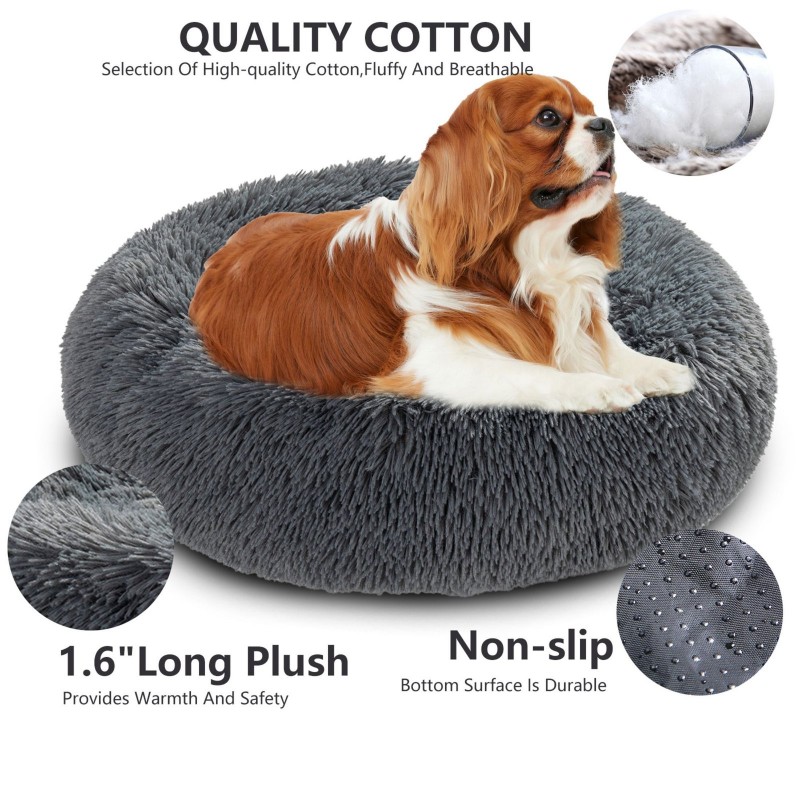 Zippered Fluffy Donut Dog Bed Warm Soft Long Plush Pet Cushion Dog House Cat Bed Washable Pet Sofa Mat Calming Small Large Dog Beds