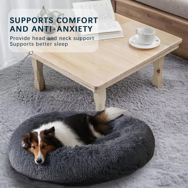 Zippered Fluffy Donut Dog Bed Warm Soft Long Plush Pet Cushion Dog House Cat Bed Washable Pet Sofa Mat Calming Small Large Dog Beds